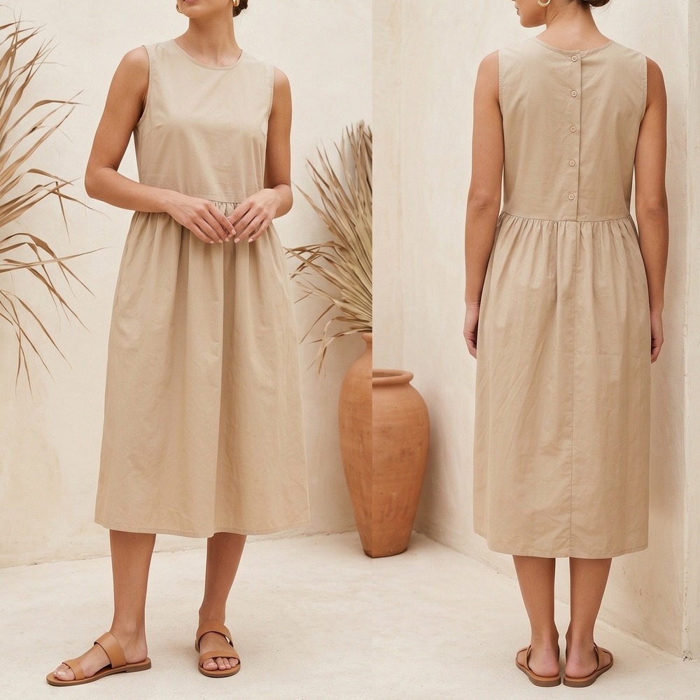 Korean Fashion Steady Seller Beige Button Back Midi Dress Sleeveless Pocket